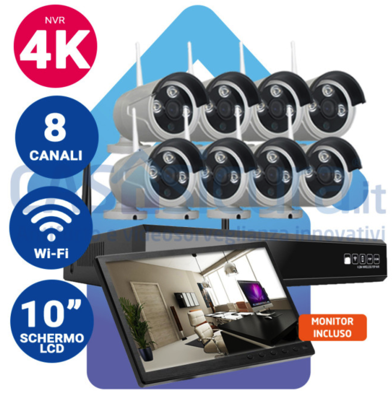 Kit registratore NVR 4K + 8 Telecamere IP wifi con audio e visione notturna + monitor LCD 10